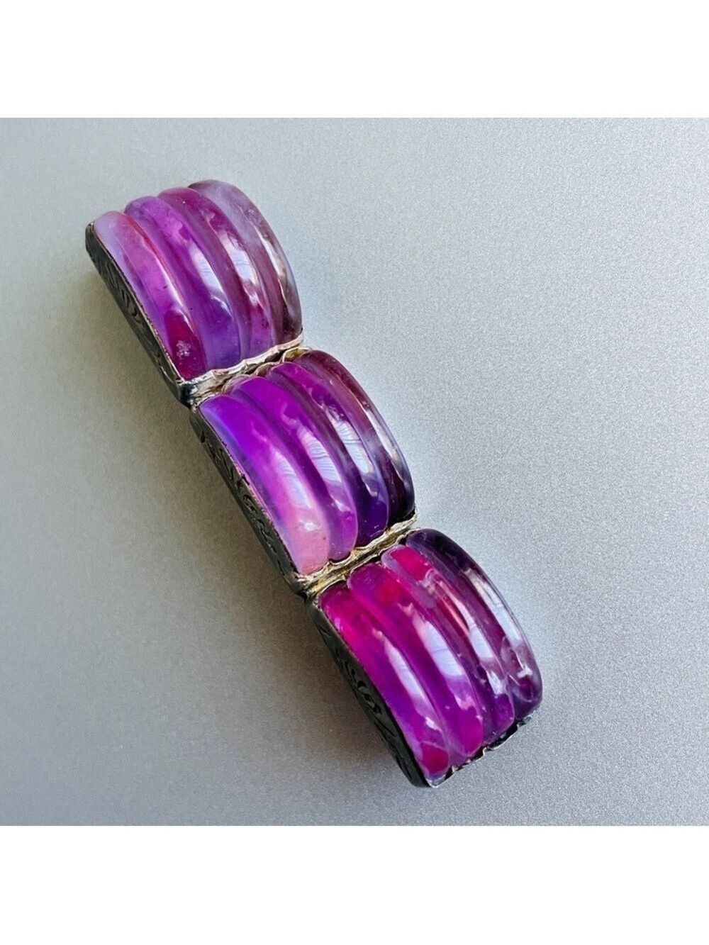 🎉Sold🎉 Antique Chinese Carved Amethyst Sterling Ribbed Rectangle Pin Brooch - Picture 2 of 13